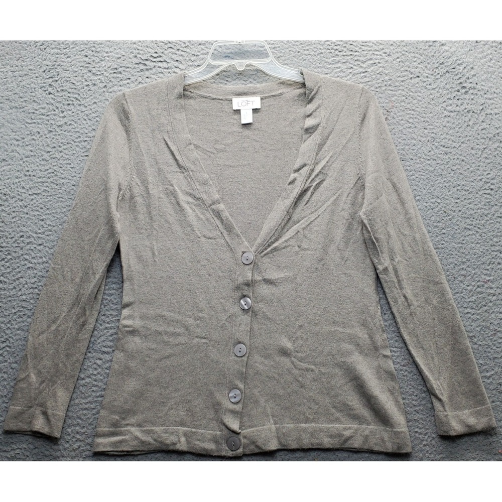 LOFT Cardigan Sweater Womens‎ L Brown Knit Long Sleeve Deep V-Neck Button Front